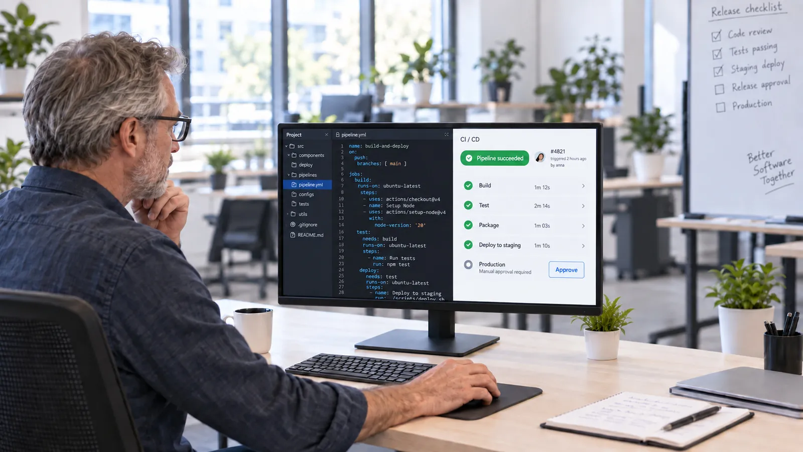 Ein Entwickler gibt am Bildschirm eine Pipeline für Build, Test und Auslieferung frei