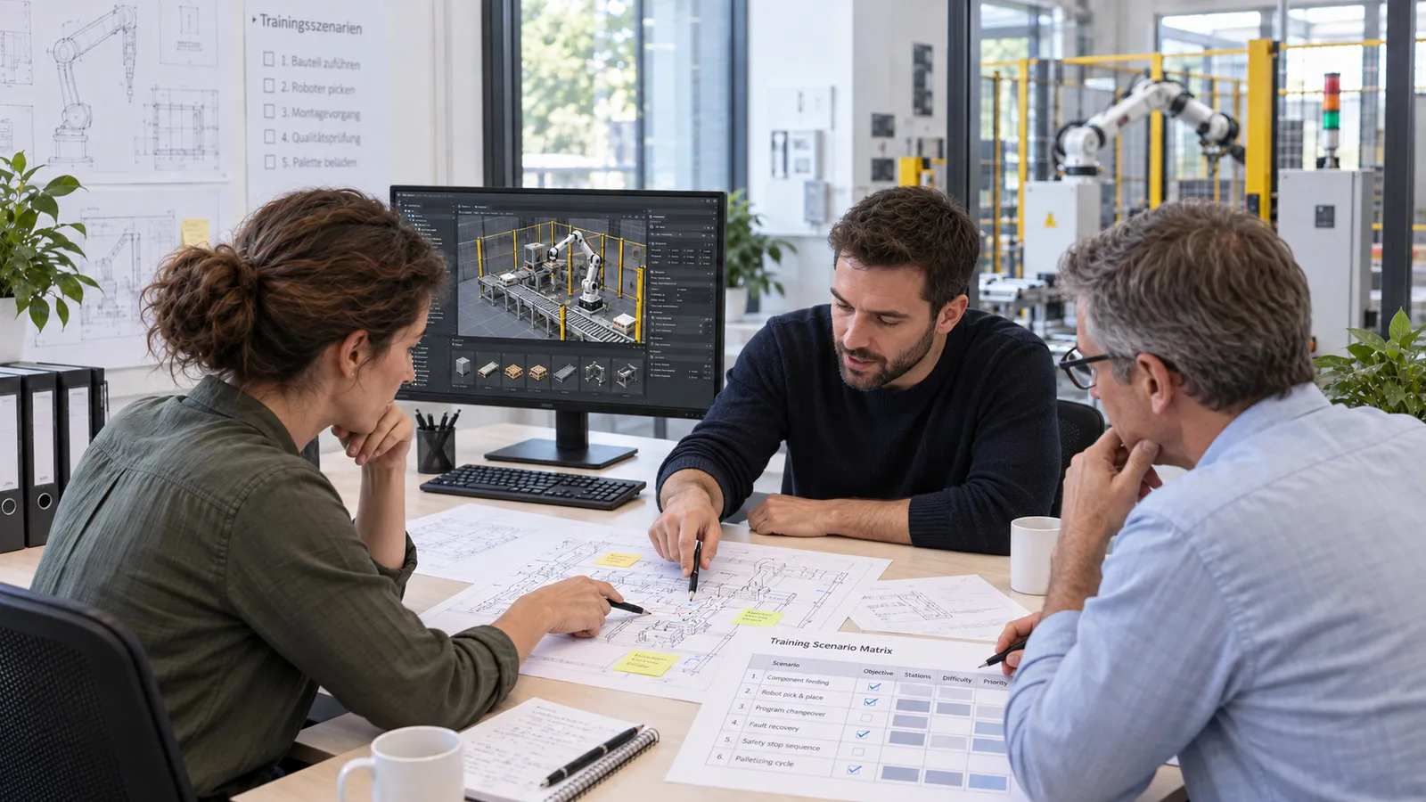 Drei Personen wählen am Tisch Trainingsszenarien aus, auf dem Bildschirm das Modell der Roboterzelle