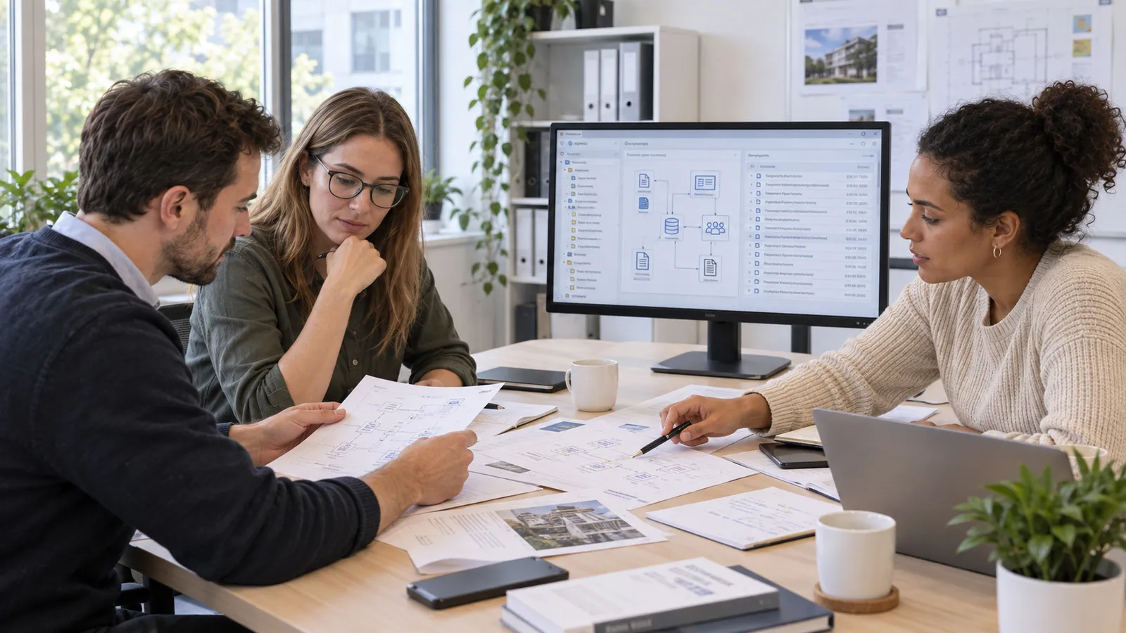 Drei Personen inventarisieren am Tisch Dokumente, Projekte und Informationssysteme