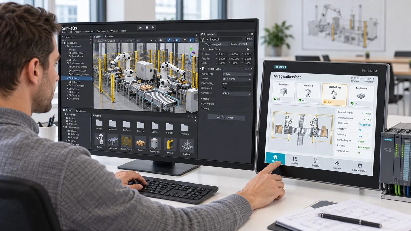 Ingenieur am Arbeitsplatz mit Simulationsmodell auf dem Monitor, Bedienpanel und Steuerung daneben