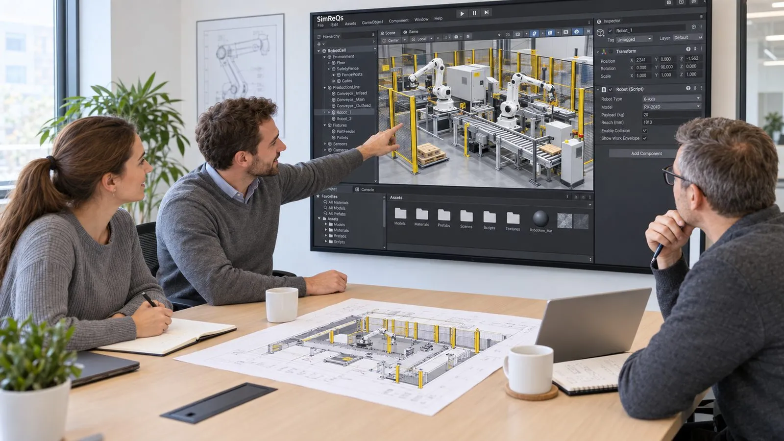 Drei Personen am Besprechungstisch, auf dem Wandbildschirm das Simulationsmodell einer Roboterzelle, auf dem Tisch ein Anlagenlayout